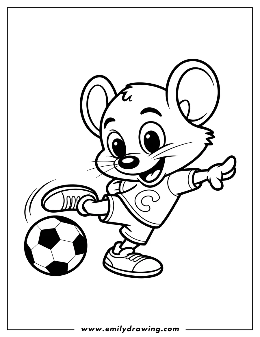 Line art of Chuck E. Cheese, a mouse cartoon character, happily kicking a soccer ball.
