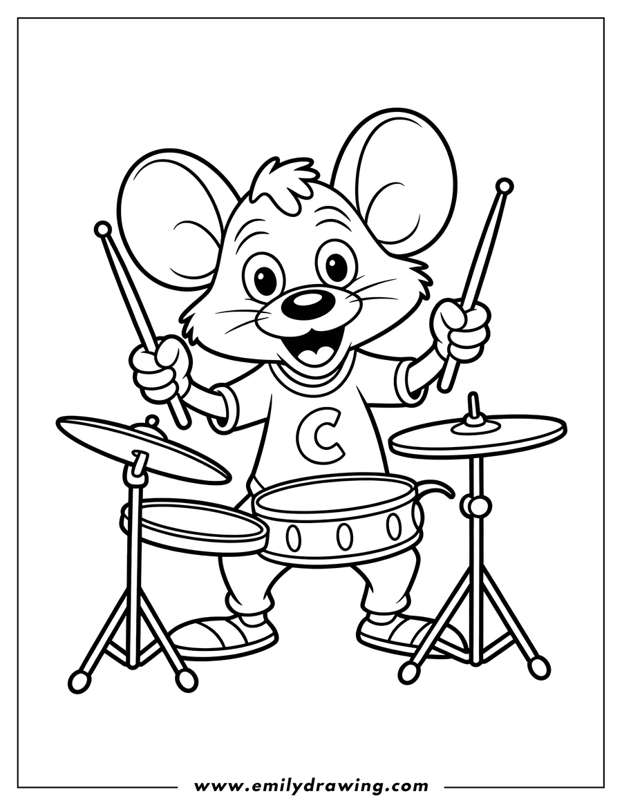 Outline of Chuck E. Cheese the mouse mascot happily playing a drum set, holding two drumsticks, with his mouth open in a smile.
