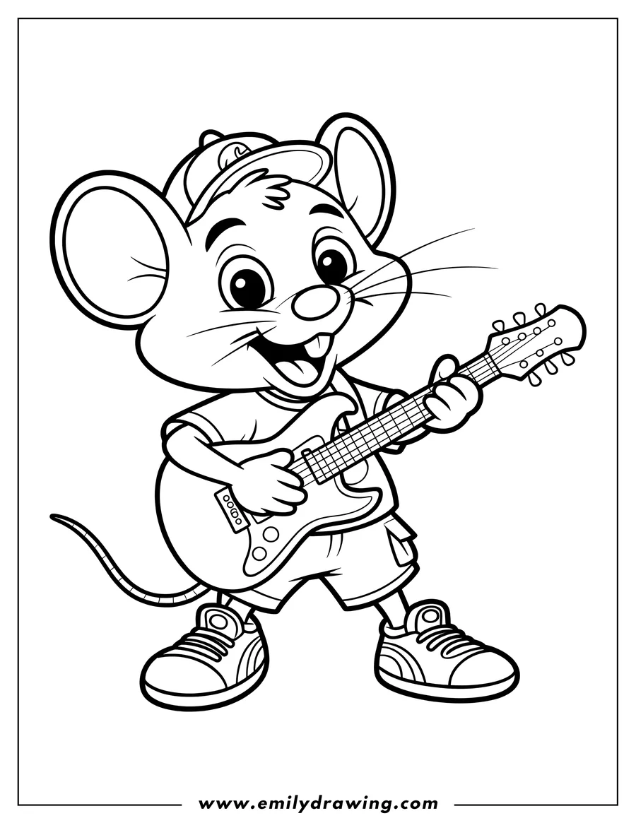 Outline of Chuck E. Cheese, a cartoon mouse, smiling and playing an electric guitar, wearing a t-shirt, shorts, sneakers, and a baseball cap.