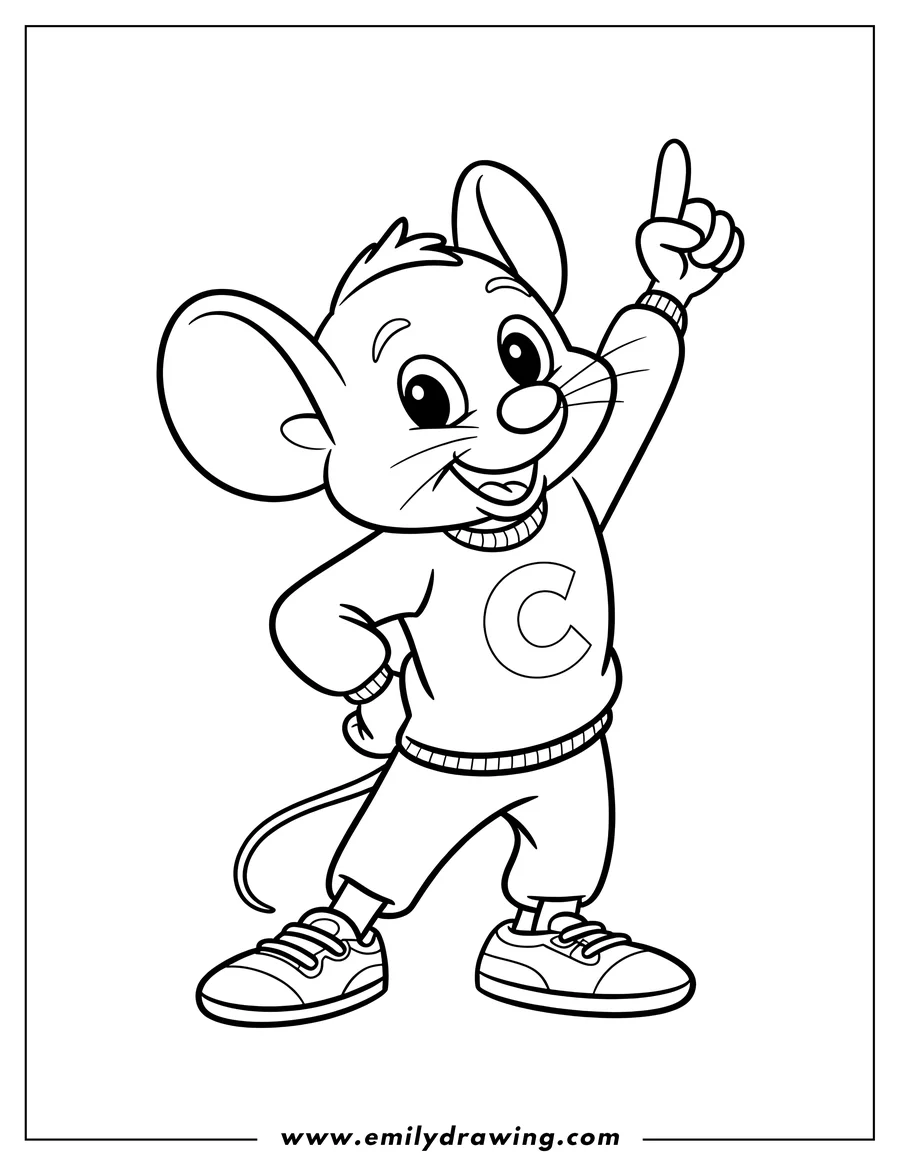 Outline of Chuck E. Cheese, a cartoon mouse, smiling and pointing upwards with one hand while the other is on his hip. He is wearing a sweater with the letter 'C' on it.