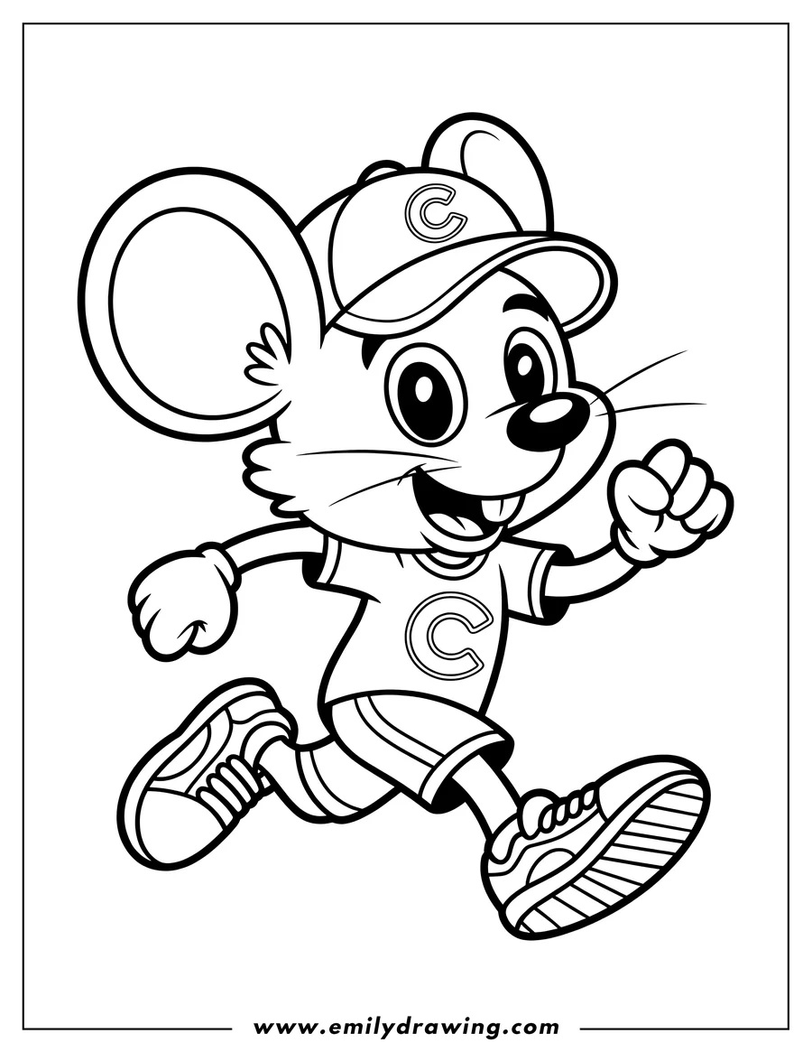 Line art of Chuck E. Cheese the mouse, wearing a baseball cap and t-shirt with a 'C' logo, running with a happy expression.