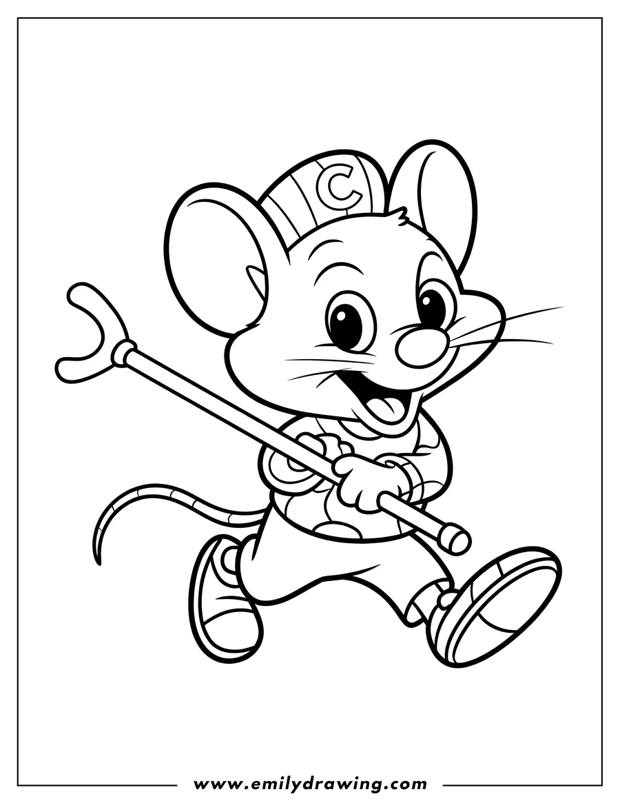 Outline of Chuck E. Cheese, a happy mouse character, running while holding a stick. He is wearing a cap with a 'C' on it.