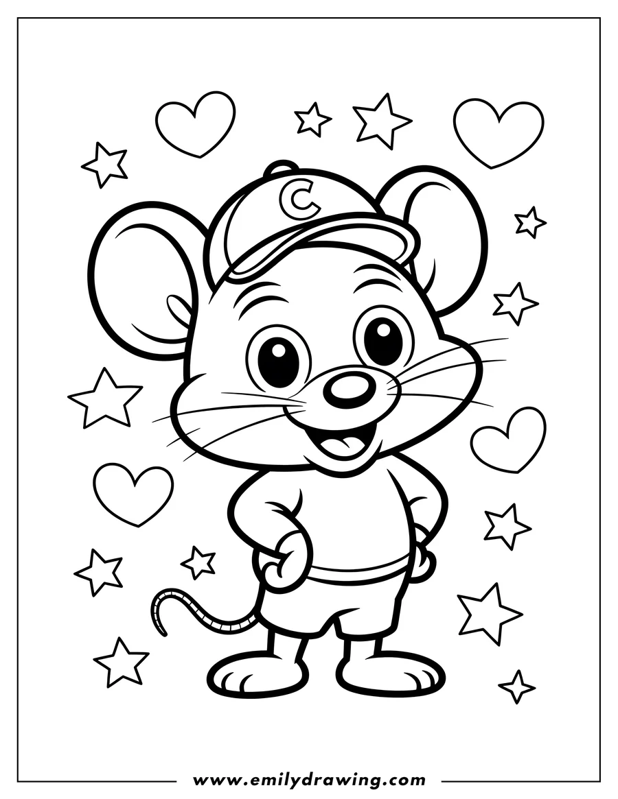 Outline of Chuck E. Cheese standing, wearing a baseball cap with a 'C', smiling happily, surrounded by outline drawings of stars and hearts.