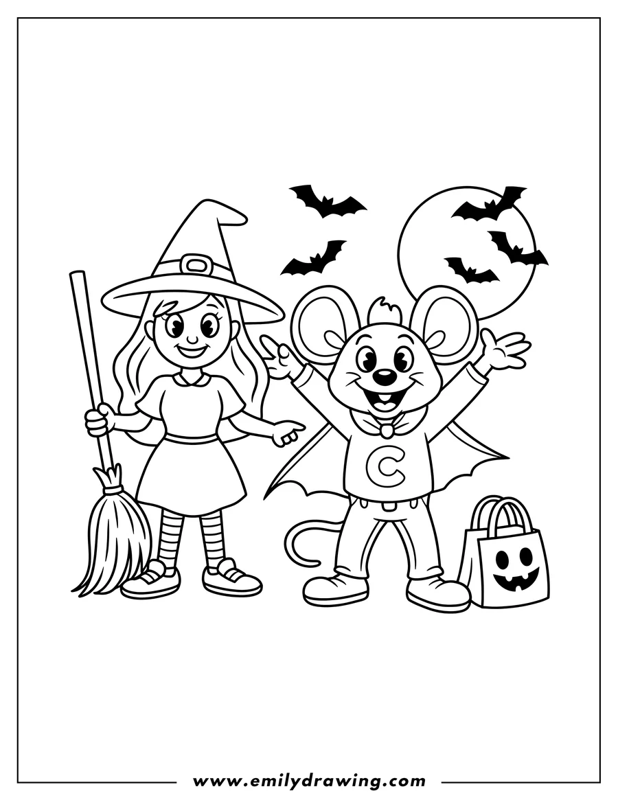 Line art of Chuck E. Cheese in a bat costume with a witch, a broom, and a trick-or-treat bag under a full moon with bats flying.