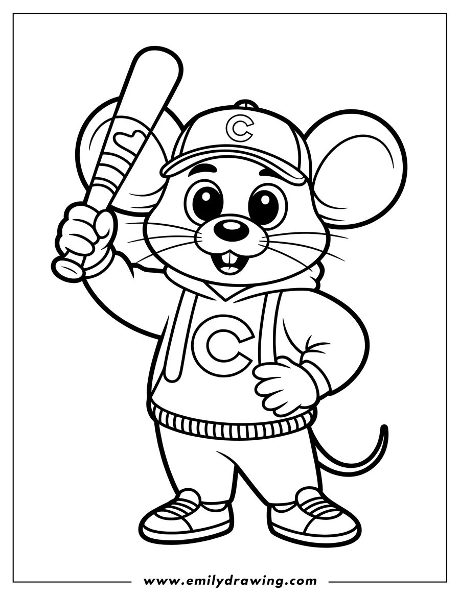 Line art of Chuck E. Cheese, the mouse mascot, wearing a baseball cap and sweatshirt with a 'C' on it, holding a baseball bat in his right hand.