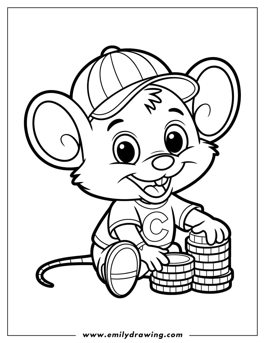 Line art of Chuck E. Cheese, a cartoon mouse wearing a baseball cap and a shirt with a 'C' on it, sitting and playing with stacks of game tokens.