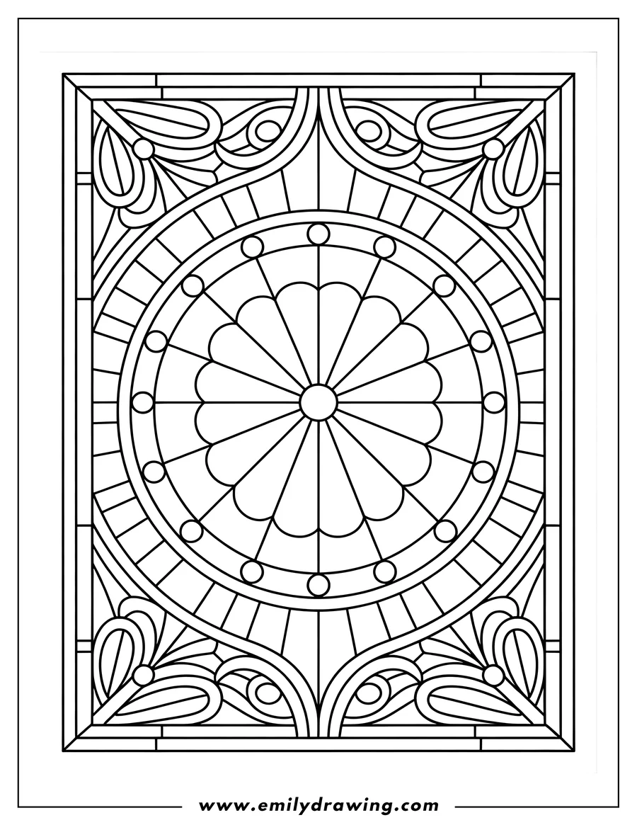 Outline of a circular stained glass window design with decorative corner elements and geometric patterns.