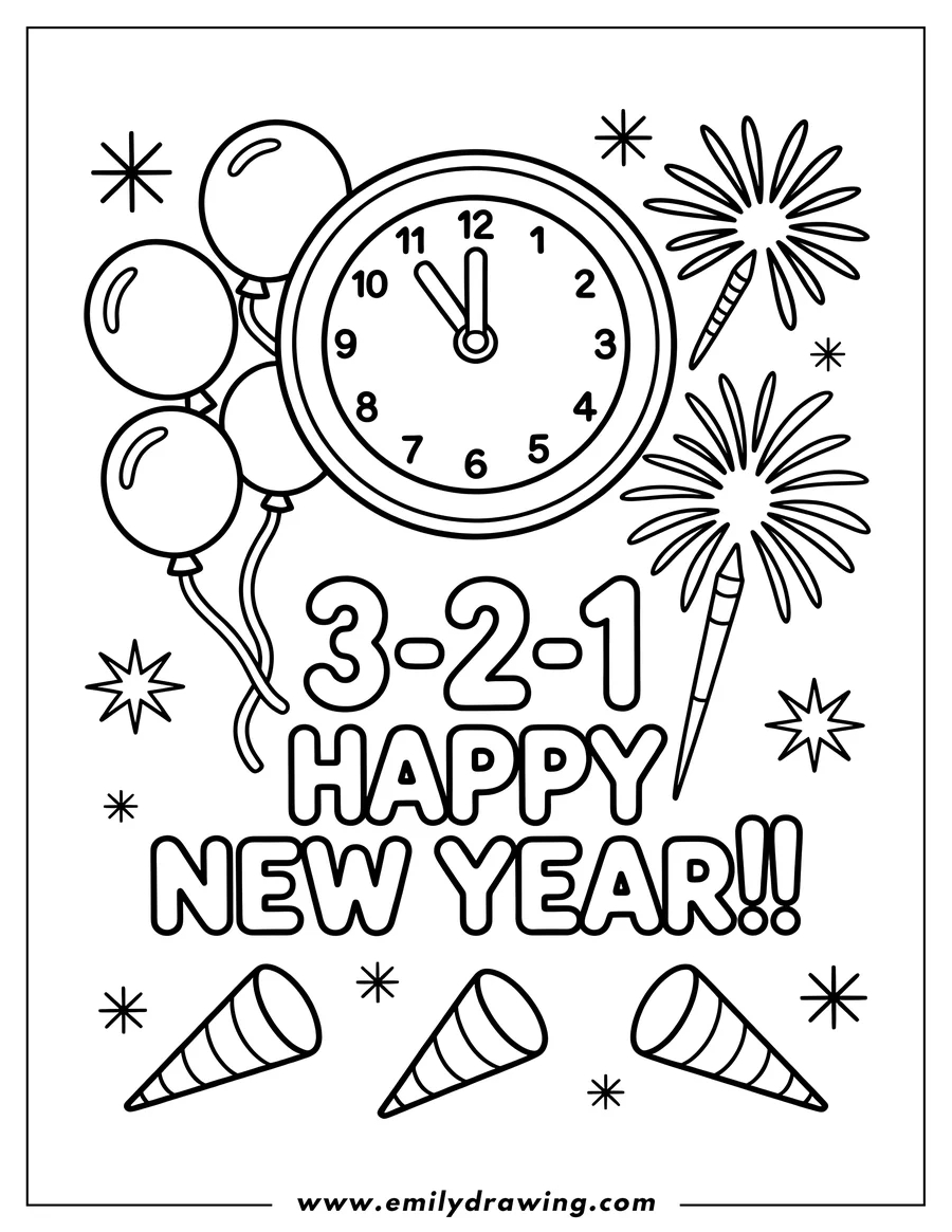 Outline of a festive New Year's scene with a large clock showing five minutes to midnight, balloons, bursting fireworks, party poppers, and the text '3-2-1 HAPPY NEW YEAR!!'