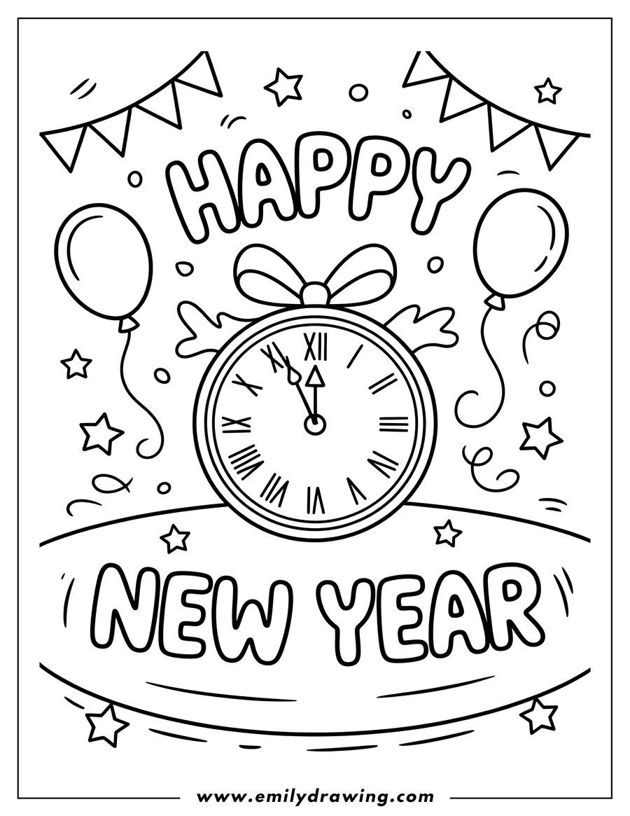 Outline of a festive New Year's scene with a large clock indicating midnight, surrounded by balloons, stars, and banners, with 'HAPPY NEW YEAR' text.