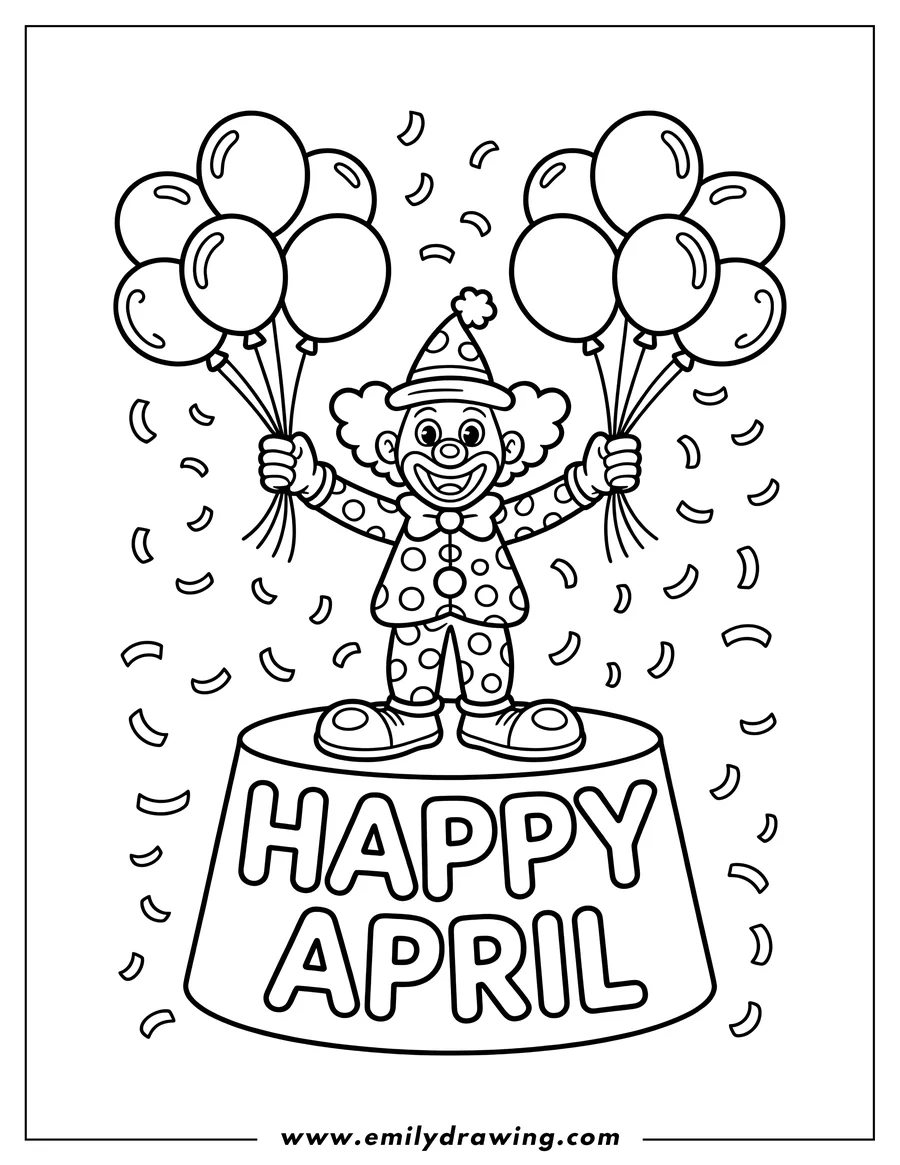 Line art of a cheerful clown holding bunches of balloons, standing on a drum labeled 'Happy April', with confetti falling around him.