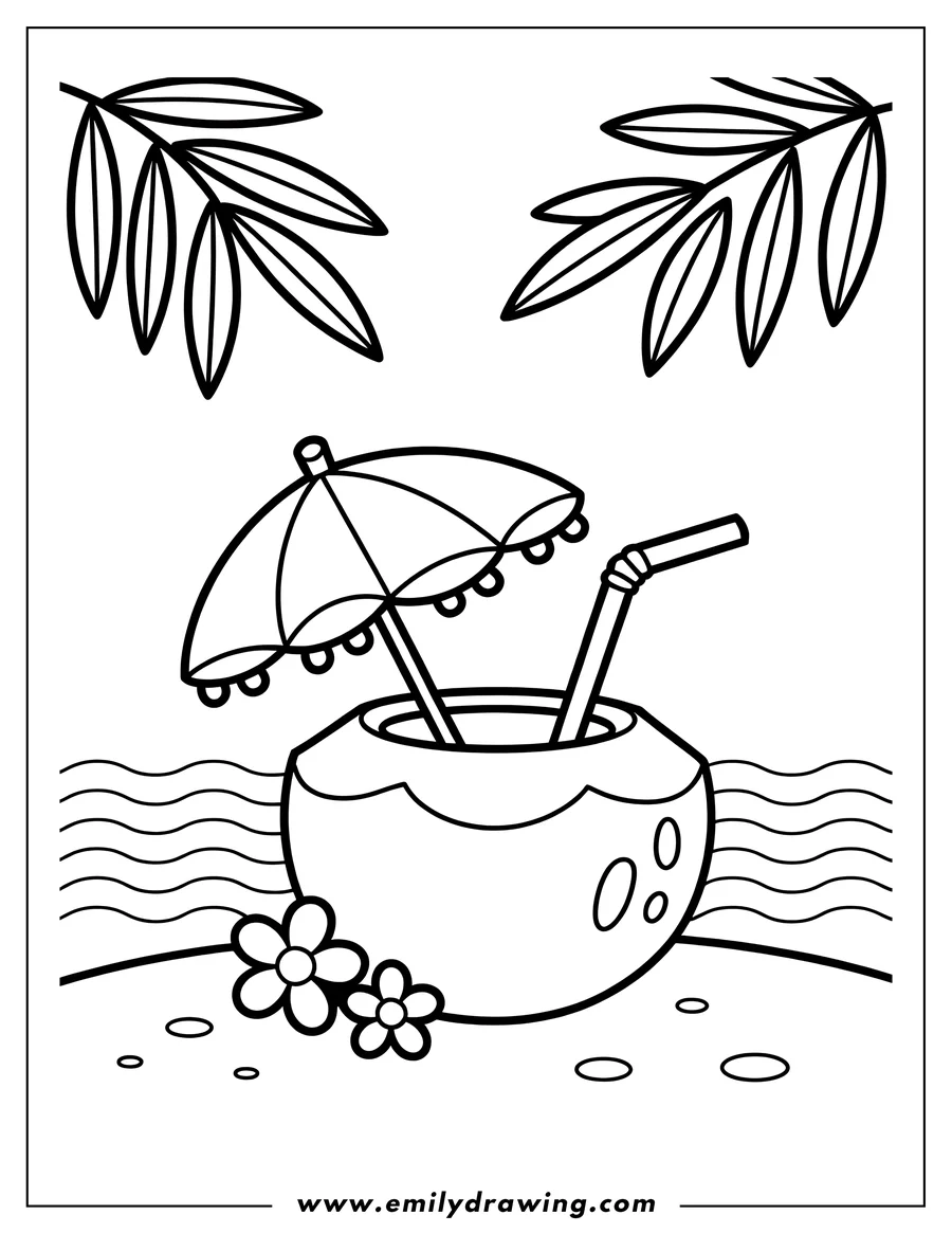 Line art of a coconut drink with a small umbrella and straw, sitting on a beach with two small flowers and palm leaves overhead.
