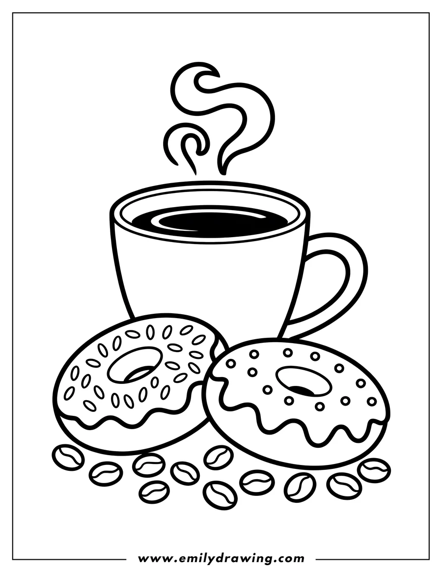Line art of two iced donuts and a steaming cup of coffee with coffee beans scattered around.