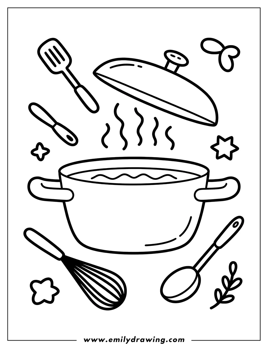 Line art illustration of a large steaming cooking pot with its lid lifted off, surrounded by essential kitchen utensils including a whisk, a spatula, and a spoon.