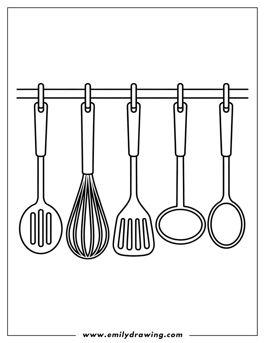 Line art of five essential kitchen utensils, including a whisk, slotted spatula, and ladles, hanging neatly from hooks on a horizontal kitchen rack.