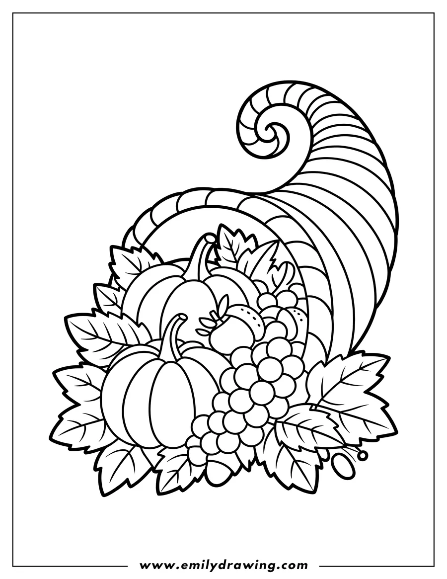 Outline of a cornucopia overflowing with pumpkins, grapes, and leaves.
