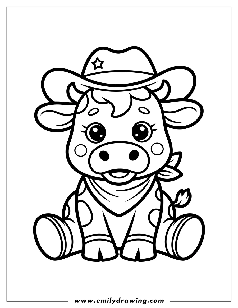 Line art of a cartoon cow sitting, wearing a cowboy hat with a star and a bandana around its neck.