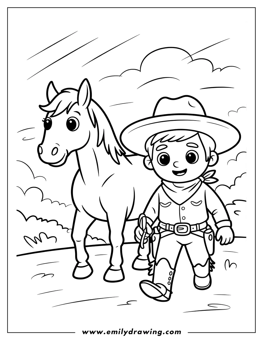 Line art of a young cartoon cowboy in a hat and bandana, walking next to his horse, with clouds and hills in the background.