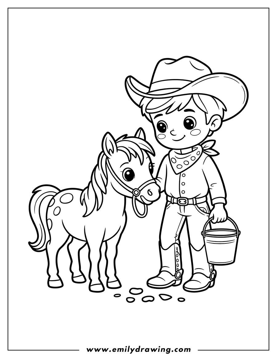 Line art of a cartoon cowboy boy standing next to a small spotted horse, holding a bucket.