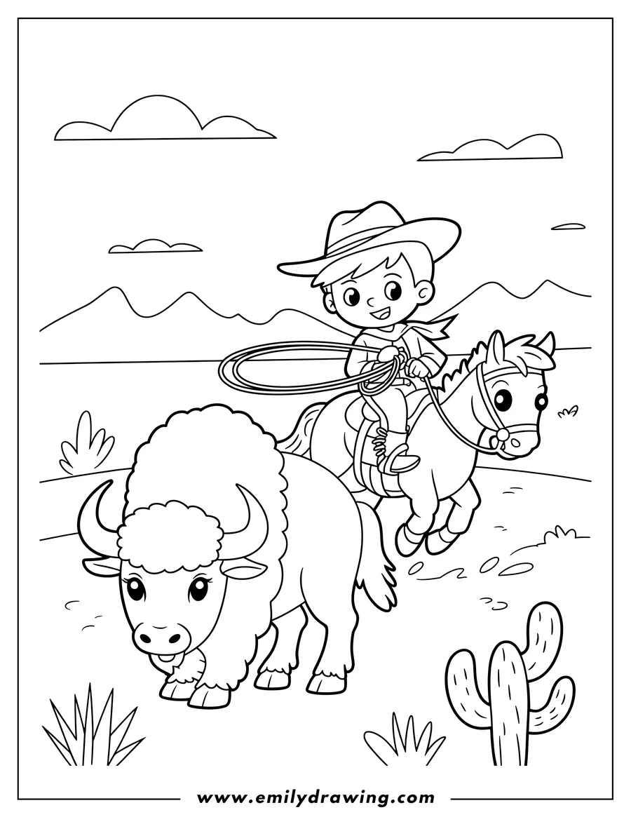Line art of a cartoon cowboy on a horse with a lasso next to a buffalo in a desert landscape with mountains and a cactus.