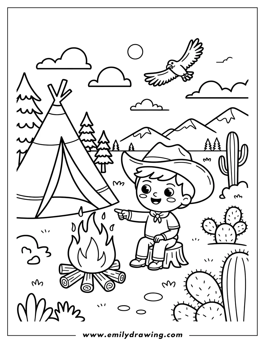 Line art of a young cowboy in a hat sitting on a tree stump next to a campfire, with a tent, mountains, cacti, and a flying bird in the background.