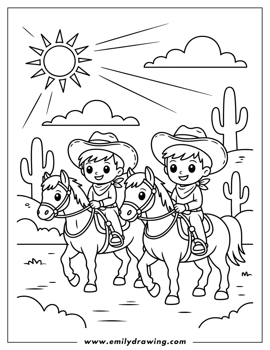 Line art of two young cowboy children wearing hats and bandanas, riding horses through a desert landscape with cacti and a shining sun.