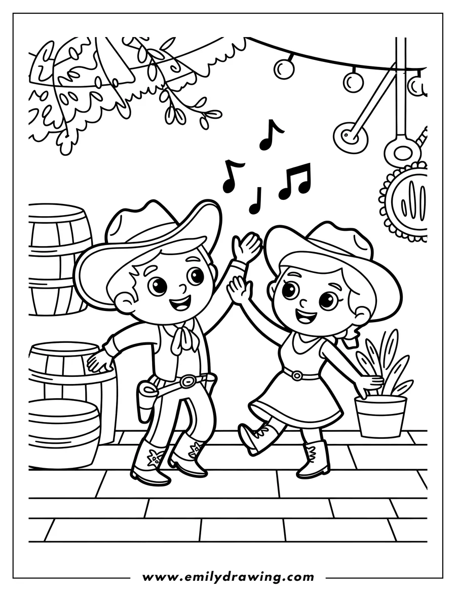Line art of a boy and girl dressed as a cowboy and cowgirl, happily dancing with music notes floating above them. There are barrels, a potted plant, and string lights in the background.