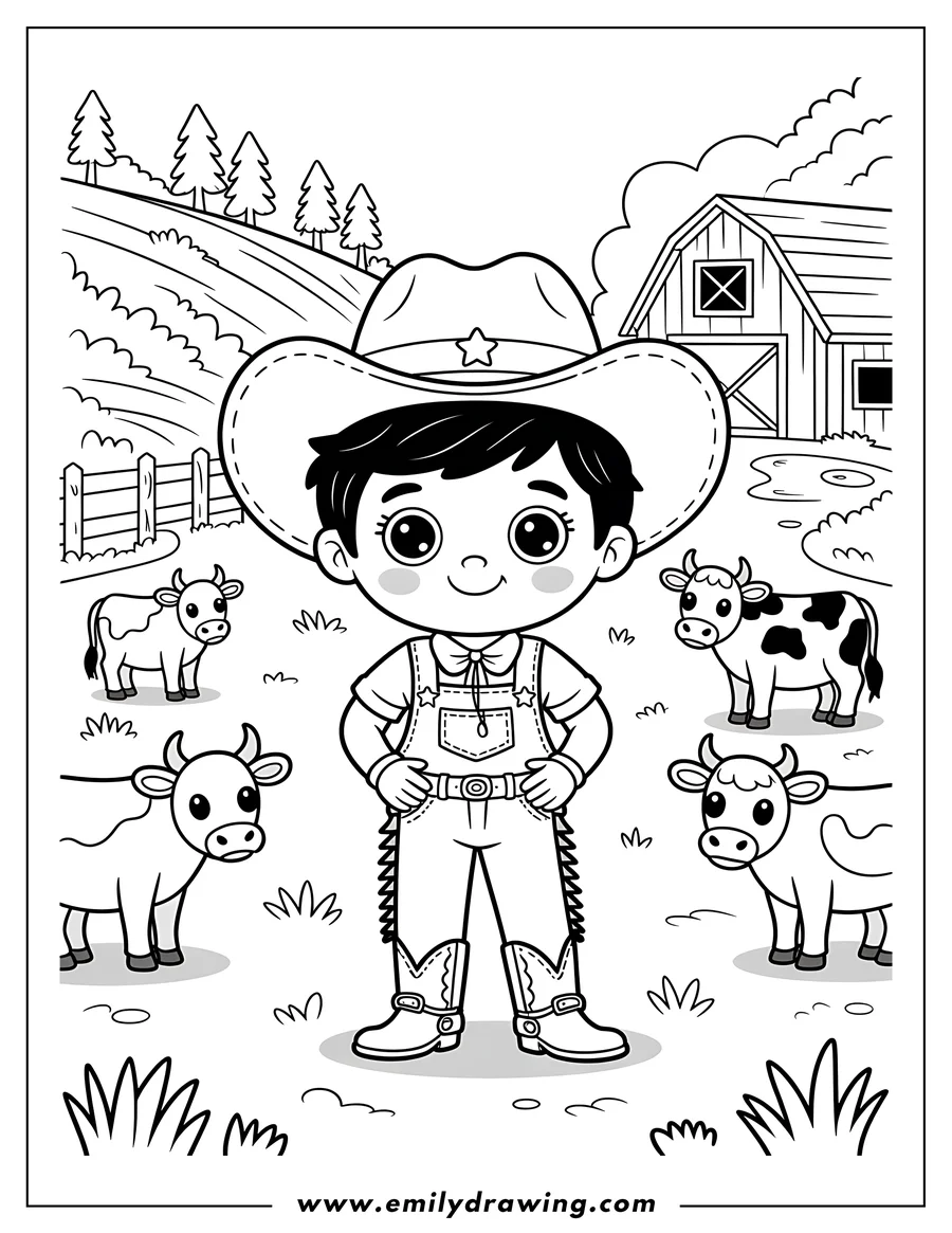 Line art of a cartoon cowboy wearing a hat and chaps, standing among four cows in front of a barn and rolling hills.