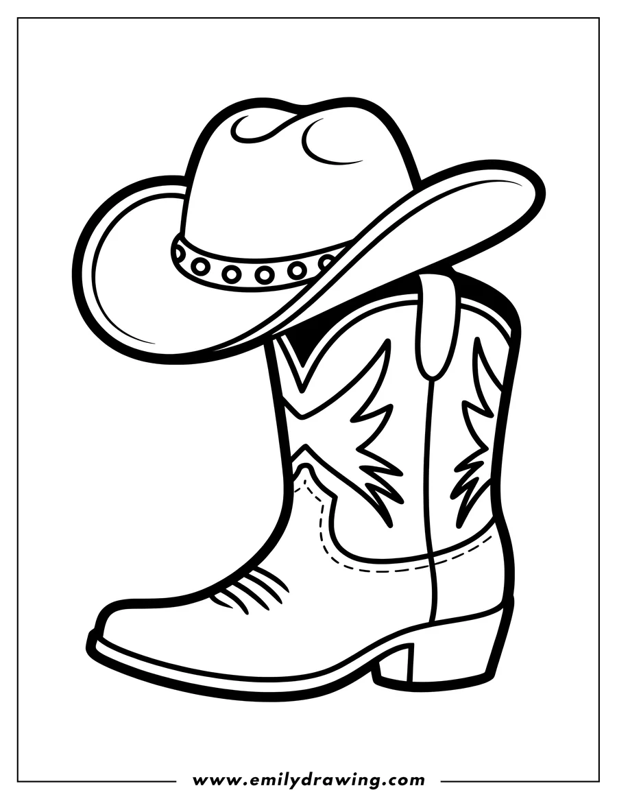 Line art of a cowboy hat resting on top of a single cowboy boot, both outlined in bold black lines.