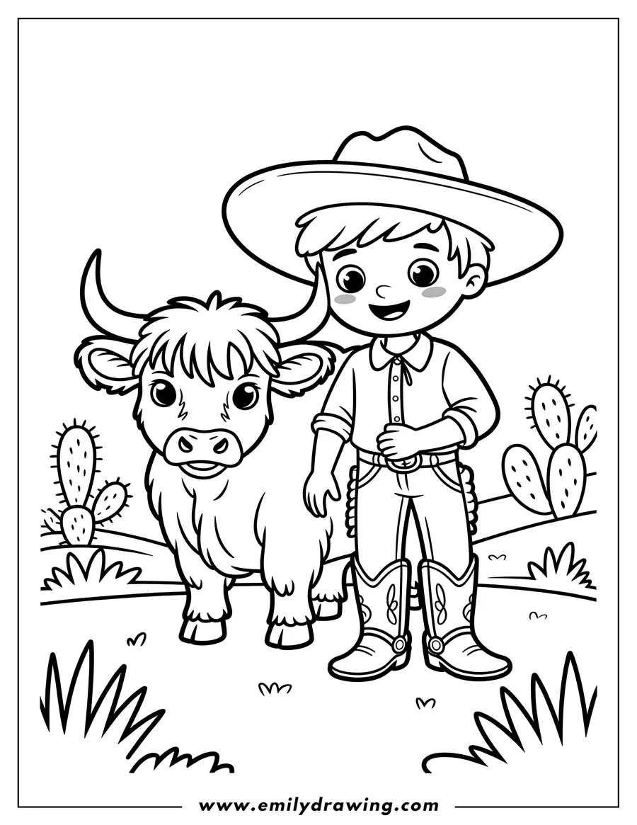Line art of a cartoon cowboy with a wide-brimmed hat, western shirt, boots, and chaps standing next to a shaggy Highland cow, with cacti and grass in the background.