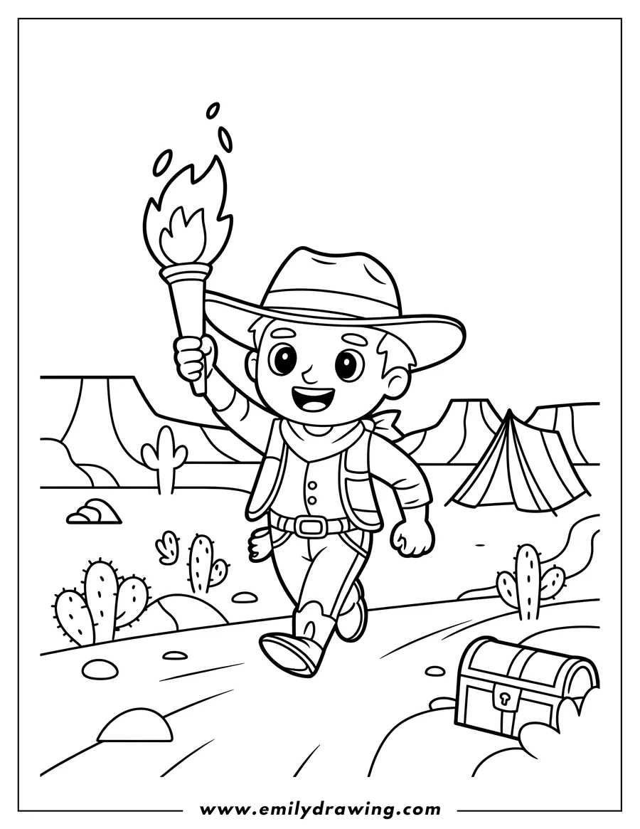 Line art of a happy cartoon cowboy holding a lit torch, with a treasure chest, tent, mountains, and cacti in the background.