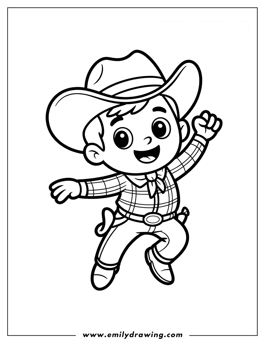 Outline of a cheerful cartoon cowboy kid wearing a plaid shirt, large cowboy hat, scarf, and a belt with a buckle, jumping and waving one hand.