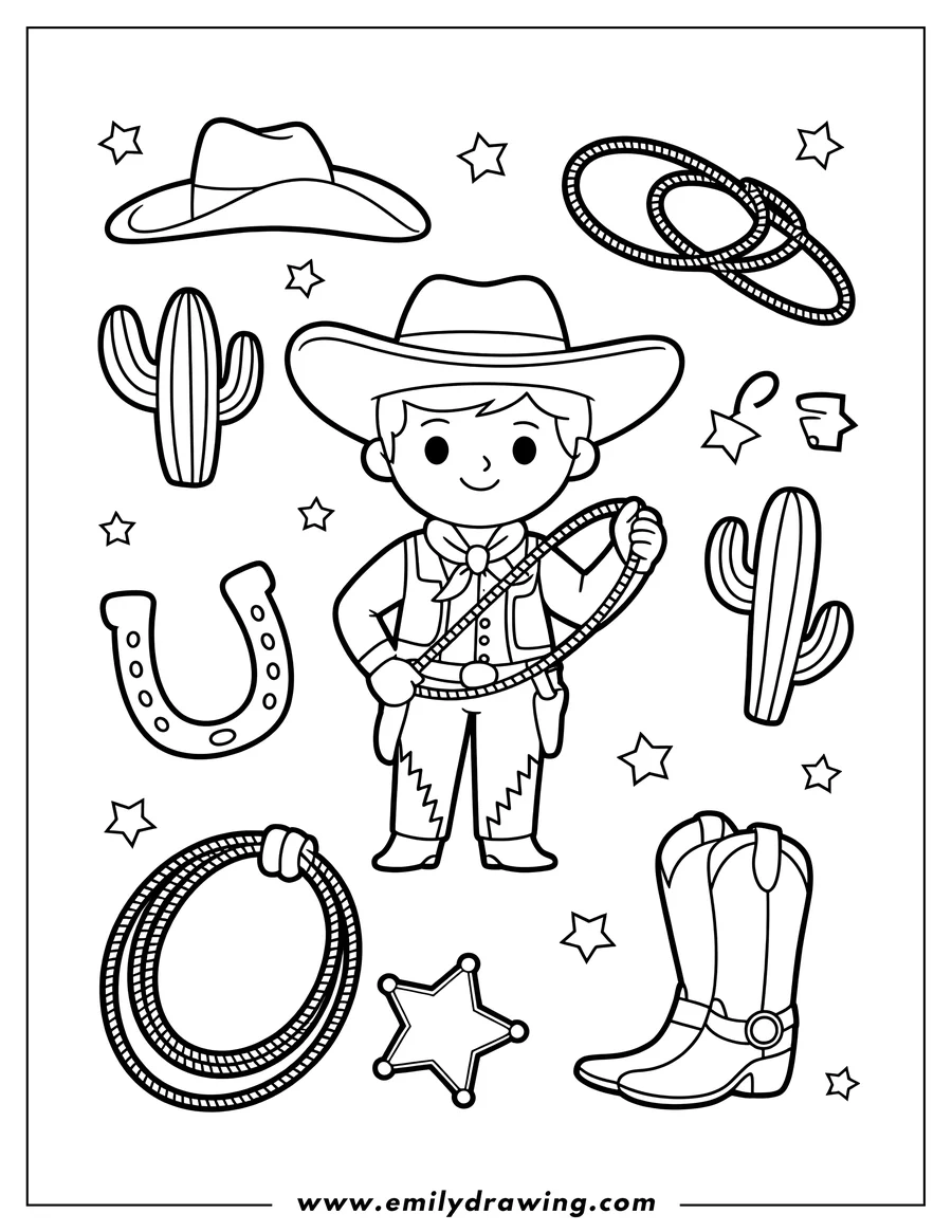 Outline of a cartoon cowboy holding a lasso, surrounded by Western-themed items like a cowboy hat, cactuses, a horseshoe, cowboy boots, a sheriff's star, and coiled ropes.