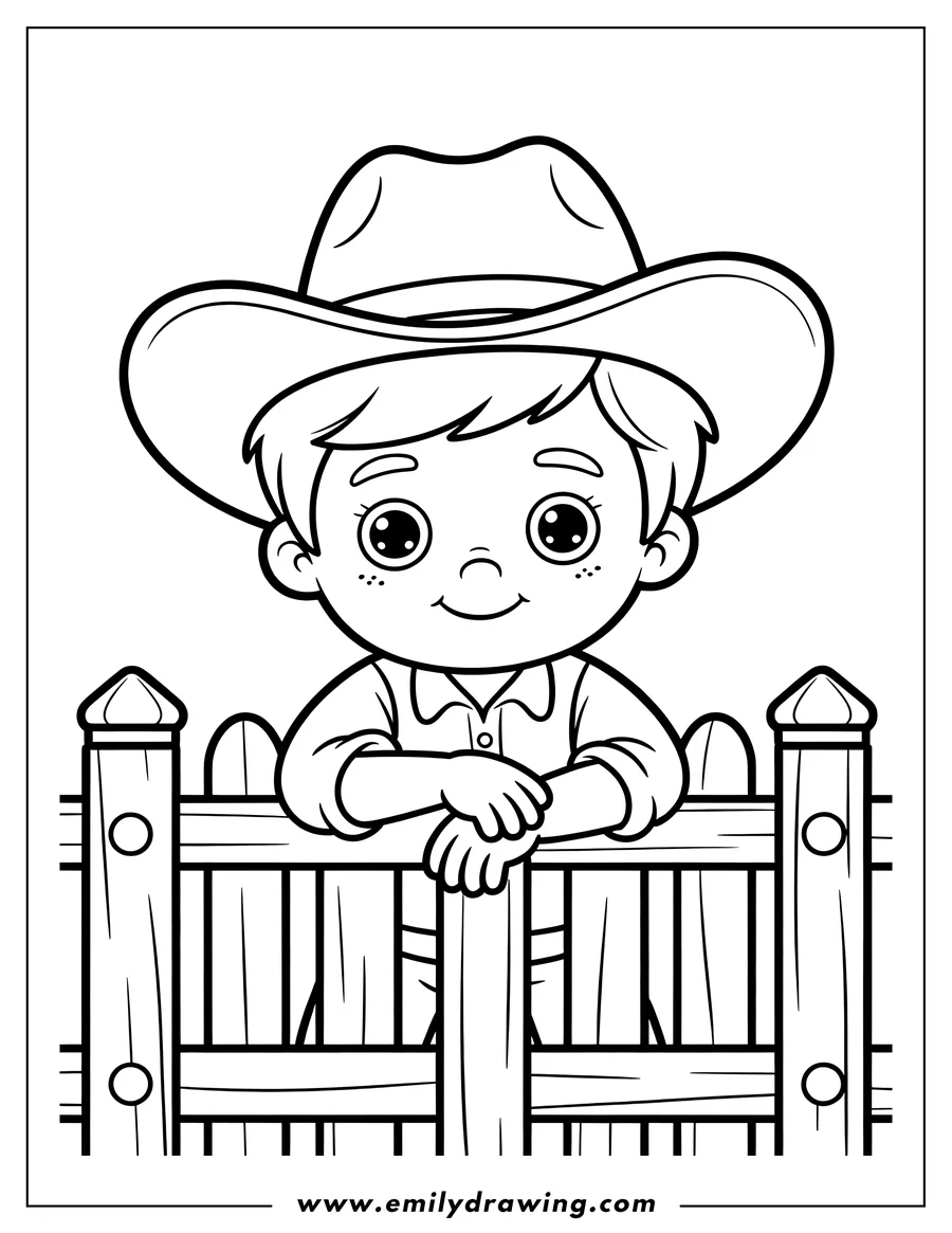 Line art of a young cowboy in a large hat, smiling and leaning on a wooden fence, looking directly forward.