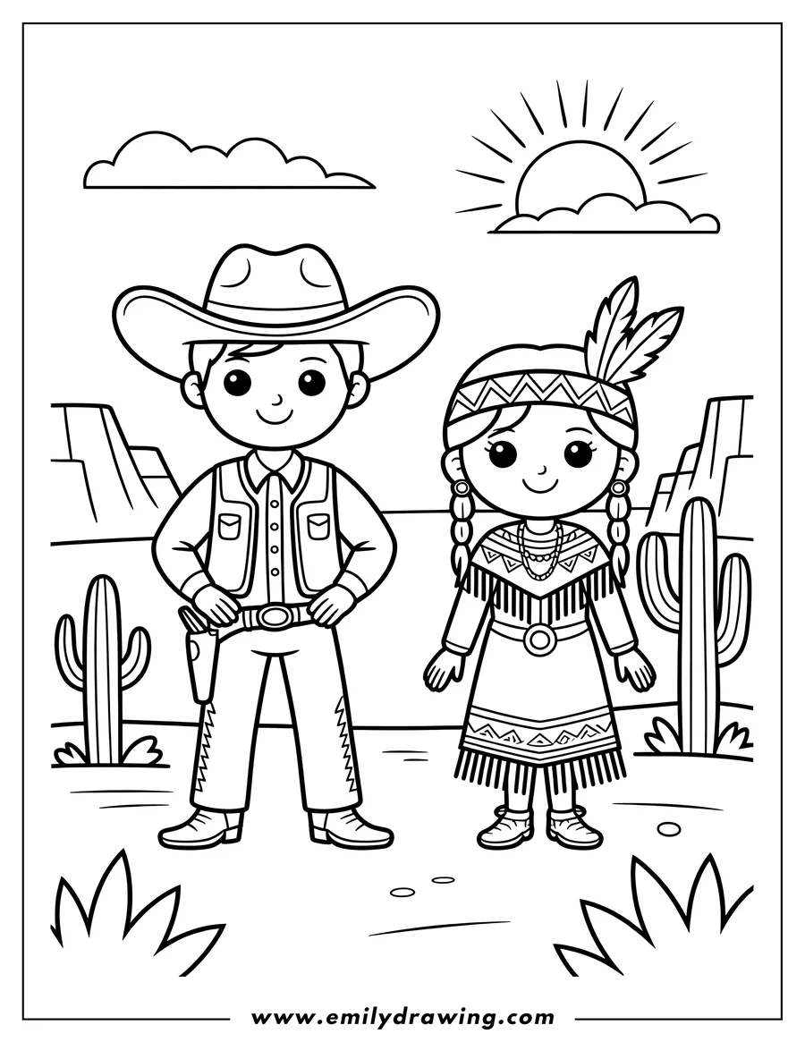 Outline of a young cowboy in a hat and a Native American girl in traditional dress standing in a desert landscape with cacti and mountains