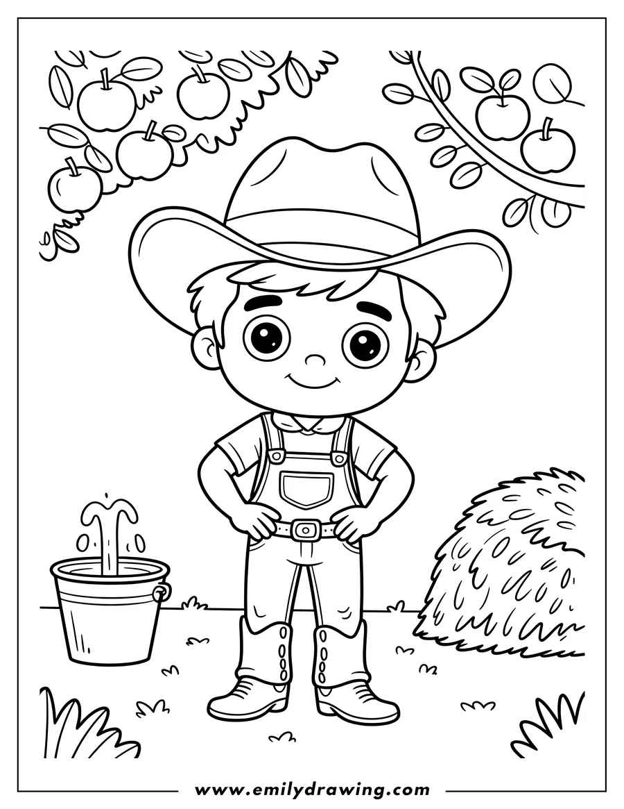 Line art of a friendly cowboy wearing a hat and overalls, standing in an apple orchard next to a bucket of water and a haystack.