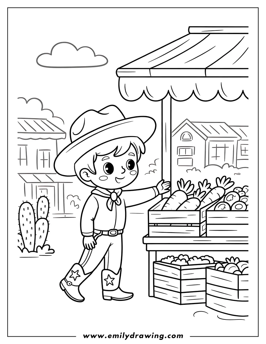 Line art of a young cowboy in a hat and star boots standing next to a produce stand with carrots and other vegetables.