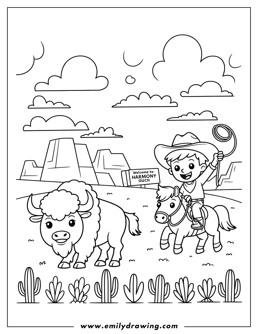 Line art of a cheerful cartoon cowboy riding a pony and holding a coiled lasso, standing next to a fluffy bison in a Western desert landscape.