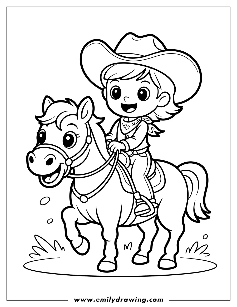 Line art of a cartoon cowboy riding a horse, both smiling happily.