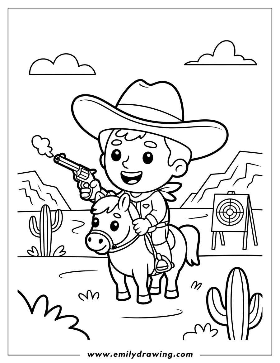 Line art of a happy cartoon cowboy wearing a hat and bandana, riding a small horse, and holding a smoking toy gun aimed at a target in a desert landscape with cacti and mountains.