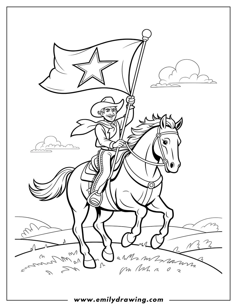 Line art of a cowboy riding a horse while holding a flag with a star design. The horse is trotting over rolling hills.