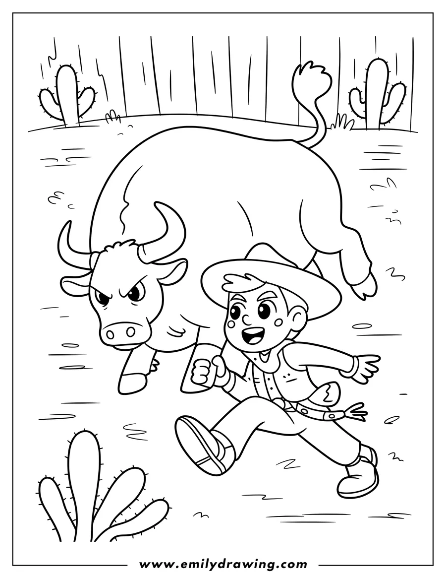 Outline of a cowboy running with a determined expression, being chased by a large, angry bull in a desert scene with cacti and a wooden fence.