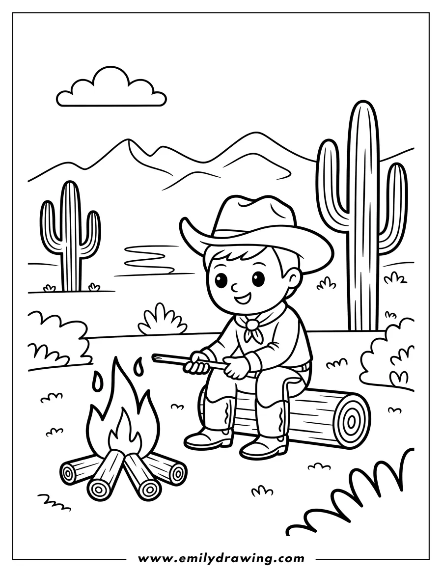 Outline of a cartoon cowboy character wearing a hat and bandana, sitting on a log next to a campfire, with cacti and mountains in the background.