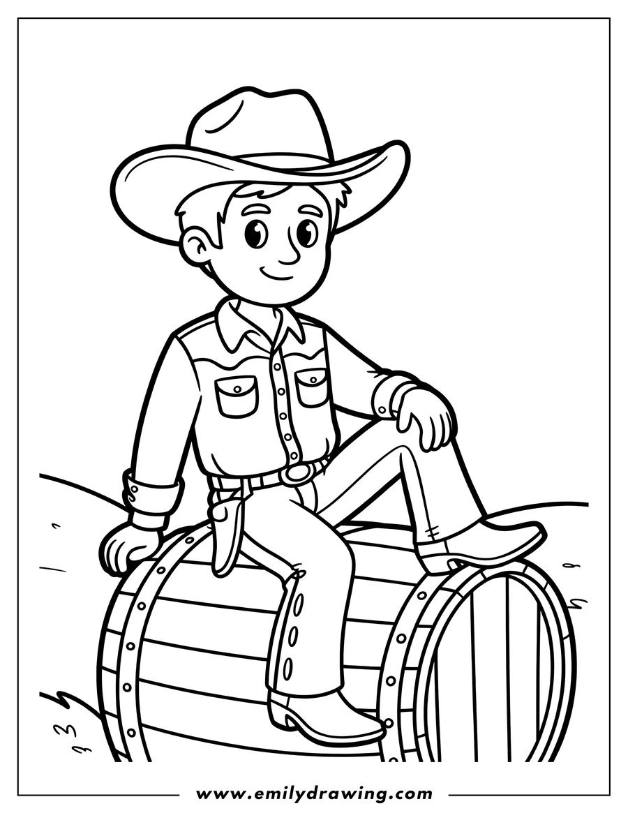 Line art of a cartoon cowboy sitting on a large wooden barrel, wearing a cowboy hat, button-up shirt with pockets, and boots.