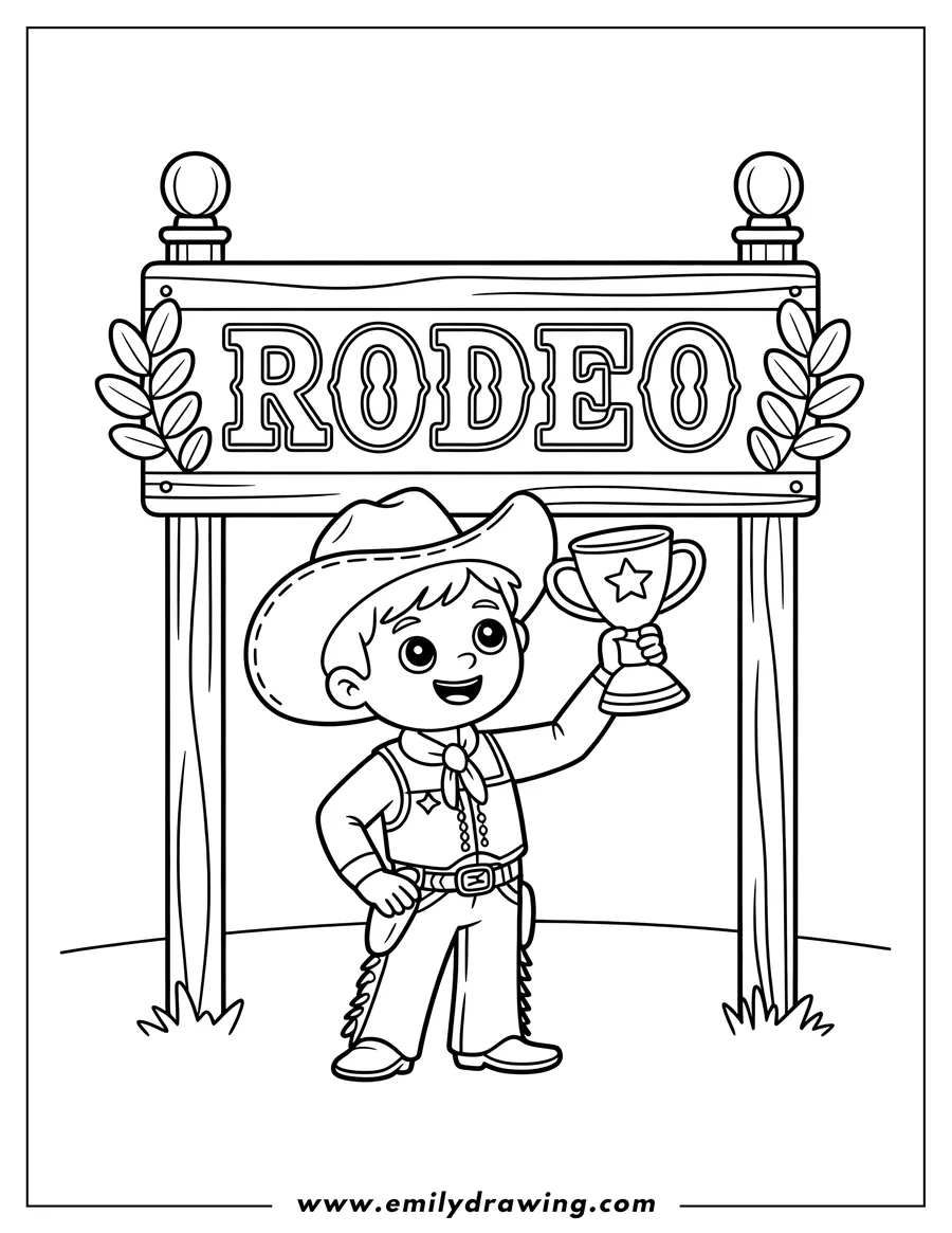 Line art of a cartoon cowboy boy holding a trophy in front of a wooden 'RODEO' sign.