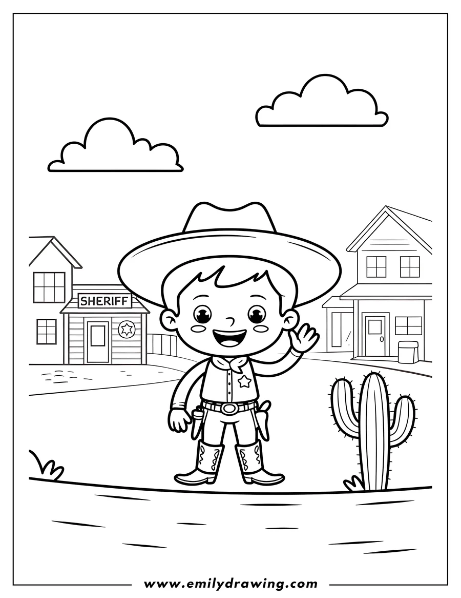 Outline of a cartoon boy dressed as a cowboy, wearing a wide-brimmed hat, boots, and a sheriff's star, waving in a western town scene with a sheriff's office and a cactus.