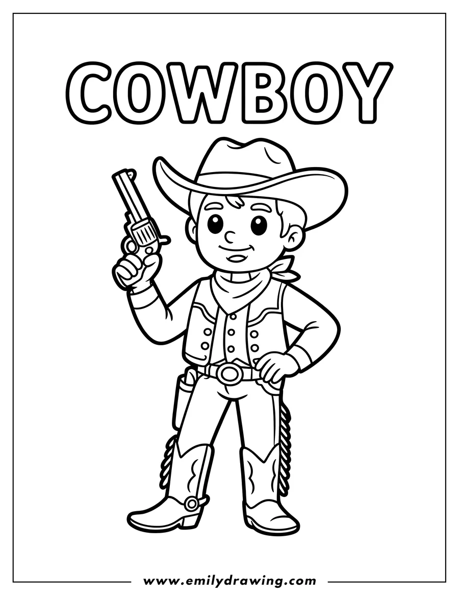 Line art of a young cartoon cowboy wearing a hat, vest, and boots, holding a gun, with the word 'COWBOY' above.