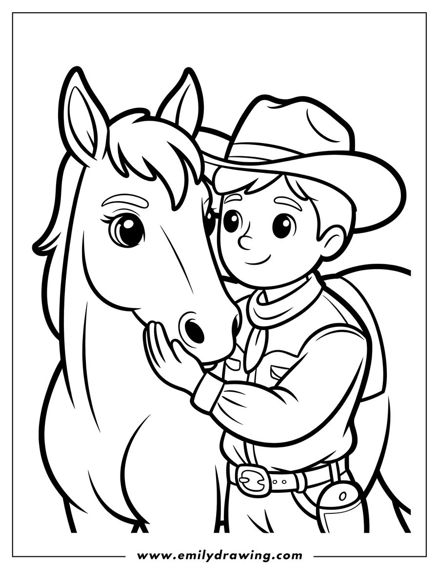 Line art of a cartoon cowboy wearing a hat, gently petting a horse's face.