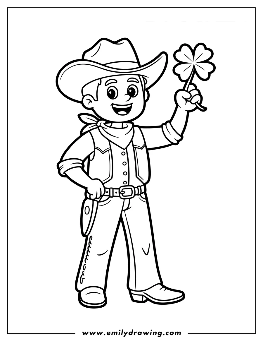 Line art of a cartoon boy dressed as a cowboy, wearing a hat, bandana, vest, and boots, holding up a four-leaf clover.