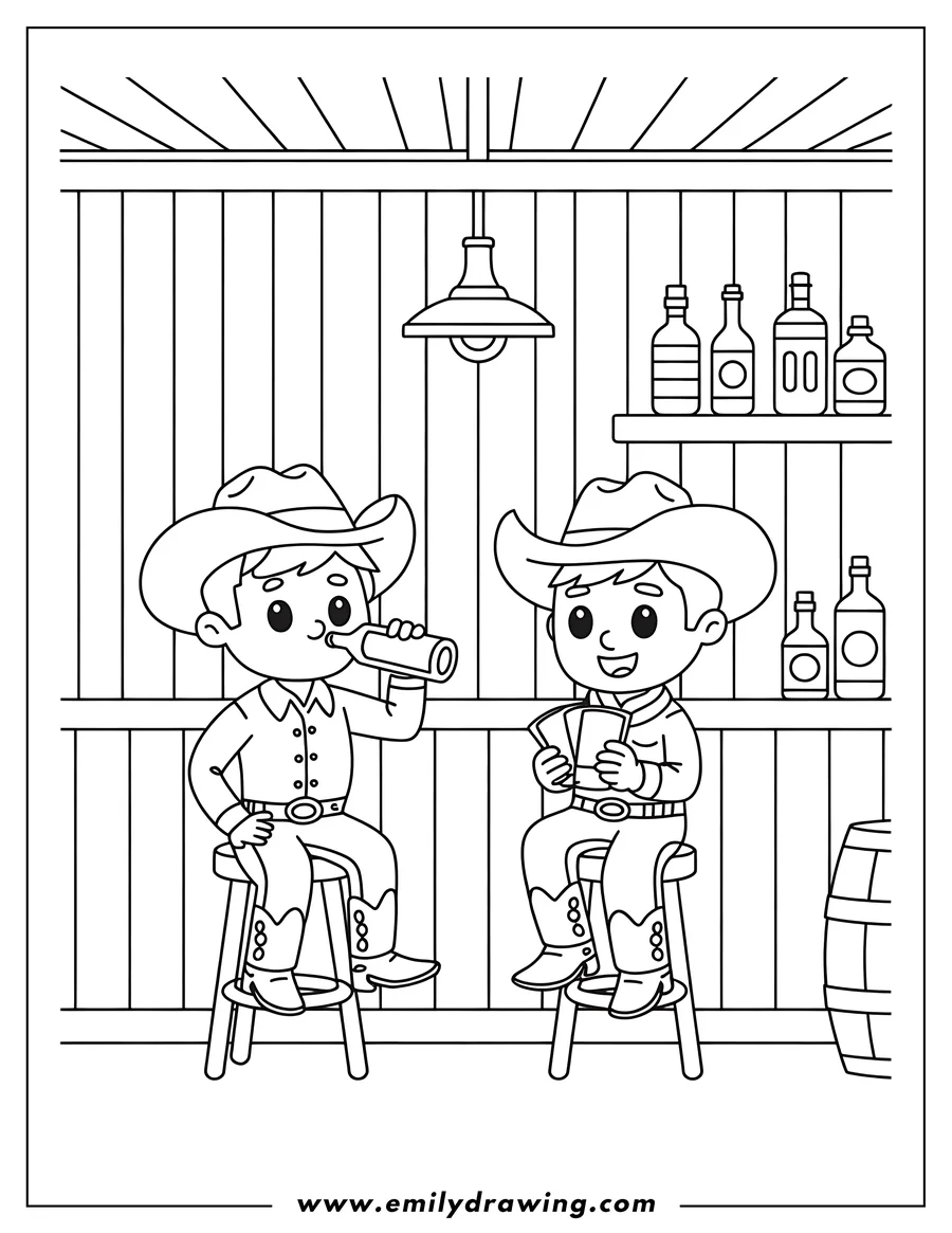Line art of two cartoon cowboys wearing hats and boots, sitting on stools at a bar. One cowboy is drinking from a bottle, and the other is holding playing cards.
