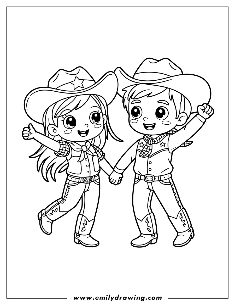 Line art of a cheerful cowgirl and cowboy, both wearing cowboy hats, bandanas, shirts, jeans, and boots, holding hands and smiling.